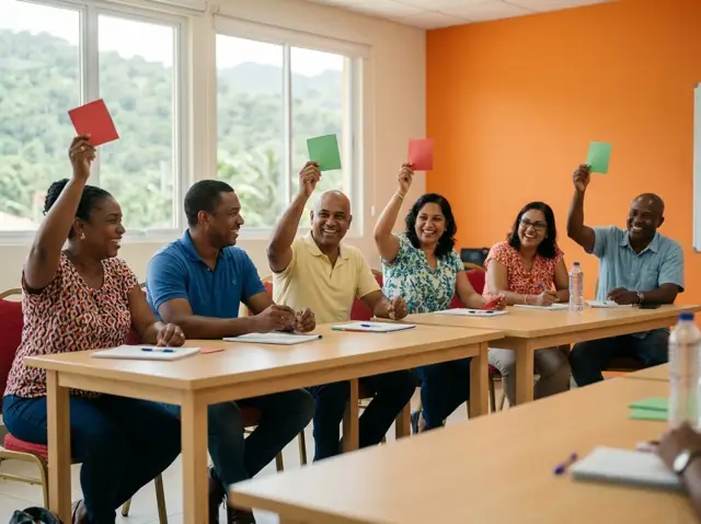 Teachers laughing as they raise red and green cards in a quiz