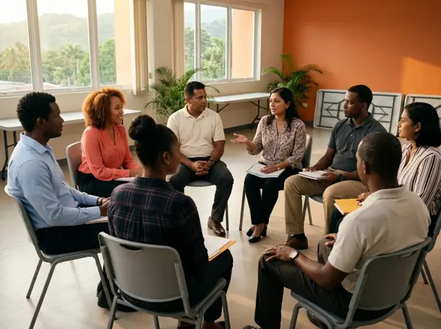Danielle listening during a group discussion in a circle of chairs