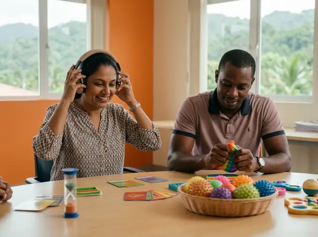 Sensory tools on a table: headphones and fidget toys
