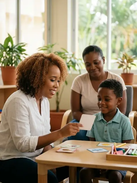Danielle kneeling to talk with a boy while his mother looks on