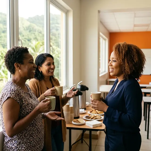 Danielle chatting with participants over coffee during a break