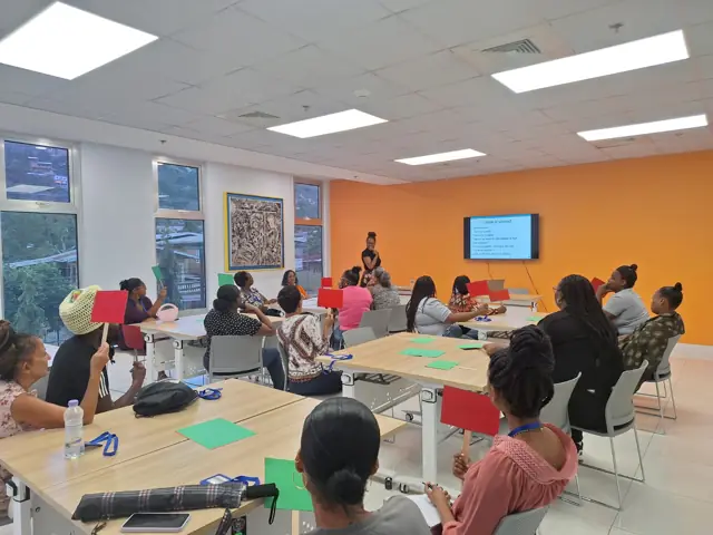 Teachers raising coloured cards during an activity