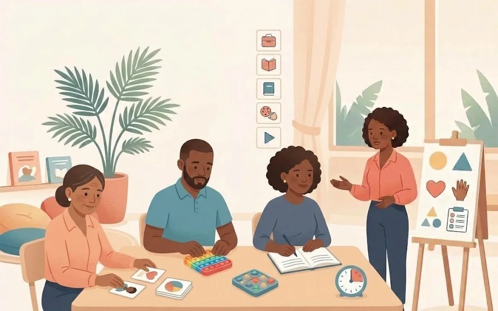 Illustration of teachers trying out practical classroom materials in a workshop.