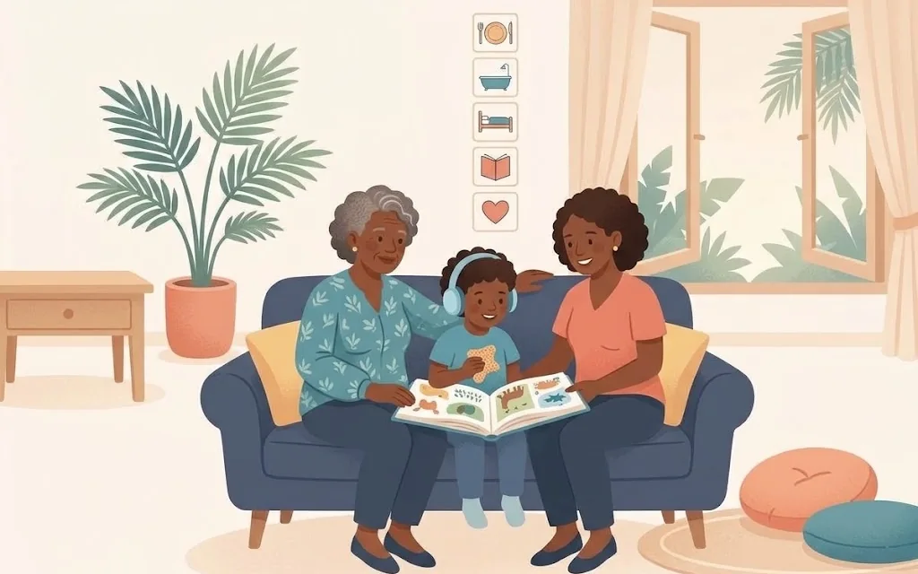 Illustration of a mother and grandmother reading a picture book with a child at home.