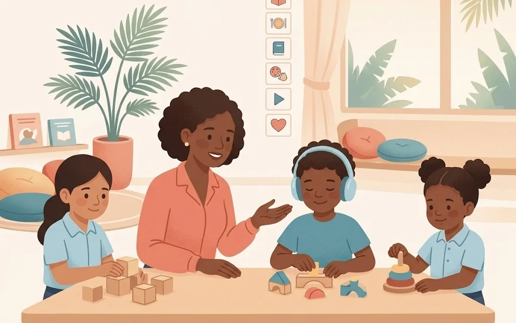 Illustration of a calm classroom where a teacher works with a small group of children.