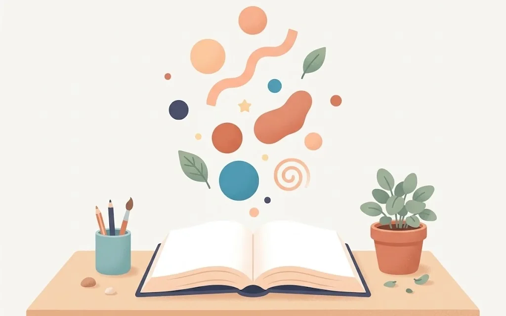 Illustration of an open book with colourful shapes rising from its pages.
