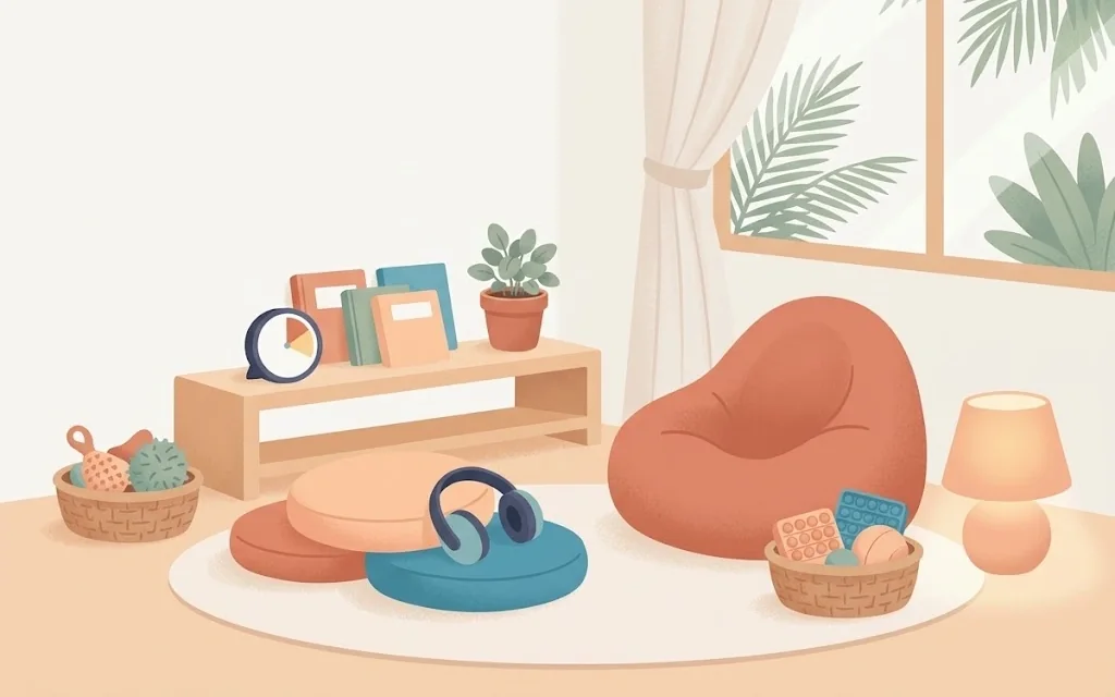Illustration of a calm classroom corner with a beanbag, cushions, headphones and a soft lamp.